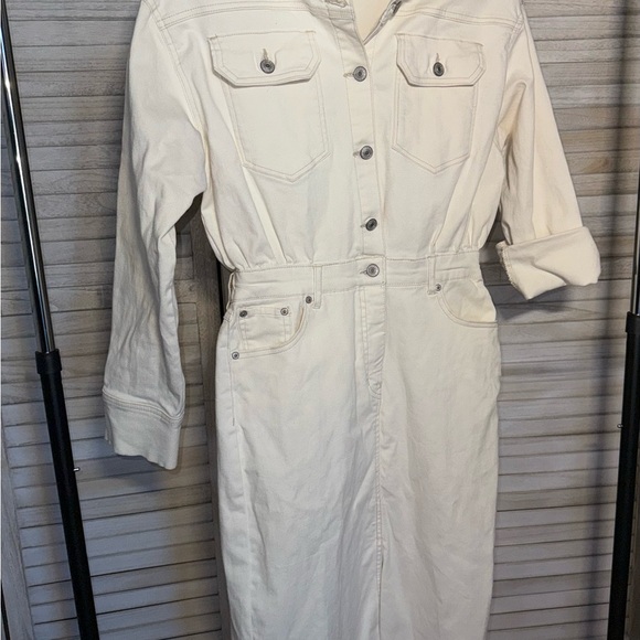 Scoop Ecru Denim Midi Shirt Dress Off-White Button Down Size Medium - Picture 2 of 4
